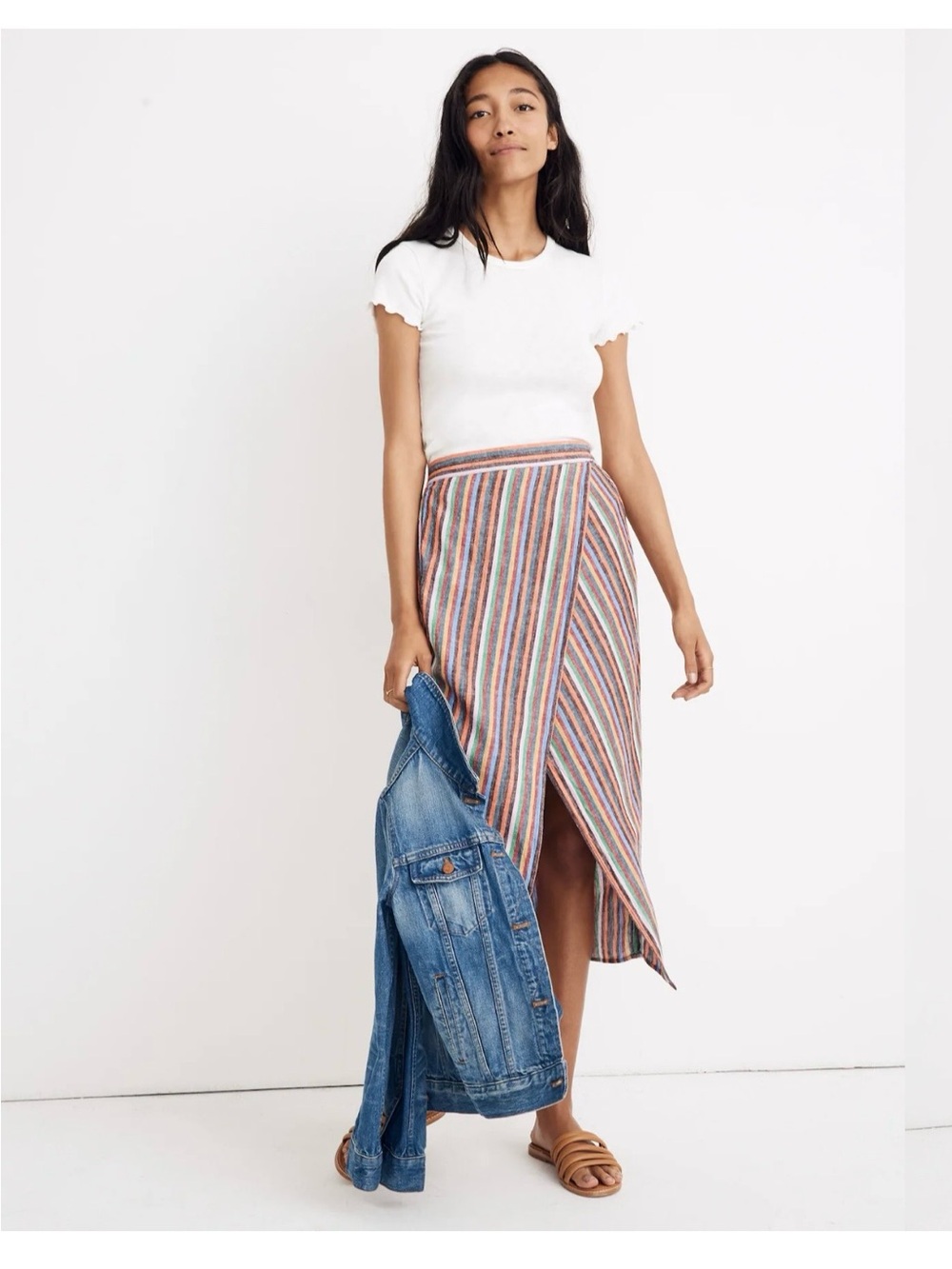Madewell burgundy multicolor linen striped midi skirt.
